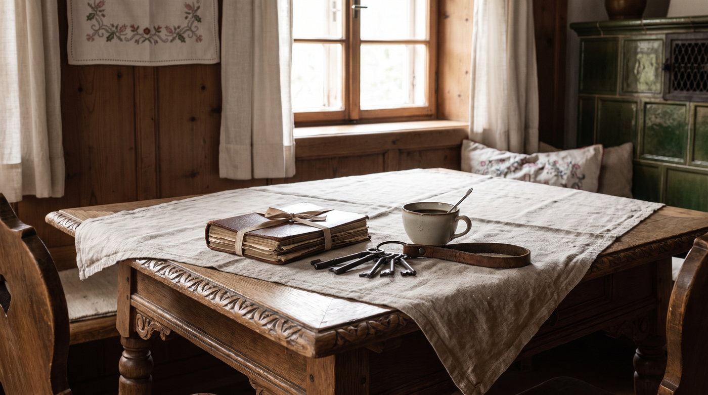 Unterlagen und Hausschlüssel auf einem Holztisch, Grundstück und Baurecht prüfen