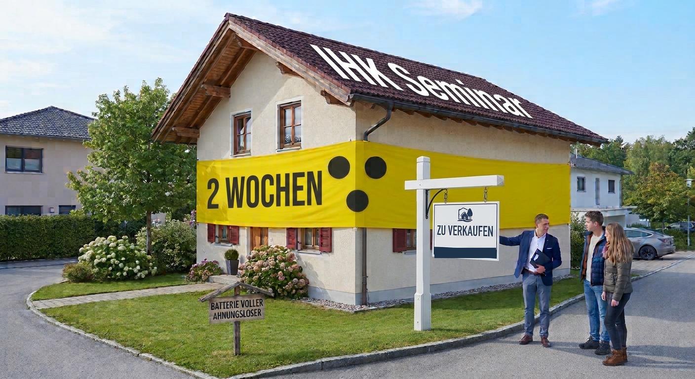 Satire-Motiv: Haus mit gelber Armbinde und den Aufschriften „2 Wochen“ und „IHK Seminar“, davor ein junger Makler mit Kaufinteressenten