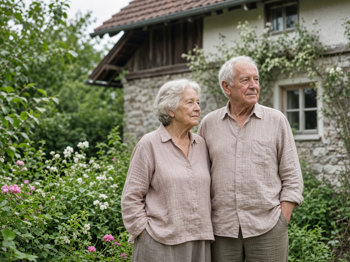 Großeltern im Garten ihres Hauses, das sie nicht verlassen wollen